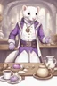 Placeholder: (anthropomorphic white ferret),dressed in cleric white and purple clothes with ornaments, realistic anatomy, fantasy tavern on background, mage and holy symbols around, serious face, hold cup of coffe, tired