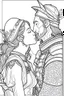Placeholder: Fantasy coloring page, minimal detail. HD. Woman kissing a male knight with a beard. No background detail.