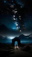 Placeholder: with his back in the door to heaven, galaxy, infinity, space, water , statue , An otherworldly planet, bathed in the cold glow of distant stars. The landscape is desolate and dark, Khikhani Fortress. . The landscape is desolate and dark, with jagged mountain peaks