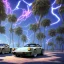 Placeholder: 1980's aesthetic vaporwave palm trees and spheres and Porsche with lightning