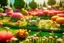 Placeholder: top view of a miniature flower farm scene with cute chibi anime gardener cats tending to the flower fields S<AI in sunshine, photorealistic, 3D, ethereal, cinematic postprocessing, bokeh, dof