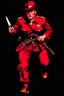 Placeholder: poster of a soldier(uniform and face based on racist steriotypes of mexican soldiers) running towards viewer, a knife i one hand, and a gun(barrel pointing at viewer) in the other. retro poster monochrome with white background