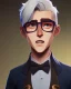 Placeholder: tall young man witbh square glasses, blonde hair and grey eyes. He wears blue shirt, dark tails, bow tie and chimney pot hat. He is laughing