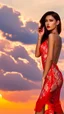 Placeholder: very nice real face beautiful sexy roman with make up at the beach standing pose in a short lace red and silver dress, full body, 3D cloudy sky volumetric nice clouds 8k sharp focus,sunset,golden hour,medium shot