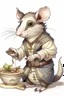 Placeholder: A drawing of a cute opossum in a male medieval maid outfit. he has potions on his belt and is holding some food on a plate.