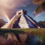 Placeholder: Chichen Itza, sunset, rainbow sunset, waterfall, palms, twigs, spring, sunset rainbow, bridge birds, unreal engine 5, cinematic lighting, realistic, hyper detailed, 8k, octane render