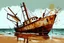 Placeholder: small fishing boat shipwreck on shore, wet ink paint, splash art, tint leak, absurd geometry, (weird:1.95), surreal, (crazy:2), (deconstruct:1.89), great verticals, great perpendiculars, bold warm rusty brown and drab and beige colors