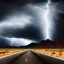 Placeholder: desert, storming, lightning, rainy, mountains, dirt road, landscape, black and white