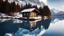 Placeholder: Snowy mountain peaks, small wooden house on the shore of a blue lake, sunny day