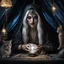 Placeholder: Hyper Realistic photographic-view of Wicked-&-Beautiful-Fortune-teller-with-cat-eyes wearing black-beed-necklace-&-bracelet angrily Looking at her crystal-ball glowing magically & sitting in her tent at dark-night decorated with fancy-traditional-feathers-&-tarot-cards showing dramatic & cinematic ambiance"