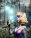 Placeholder: Ultra realistic wonderland photo, happy blonde woman smoking a pipe, blue dress, purple cat friend, circus dress style, old school tattoo, smoke, marijuana garden, glow eyes, perfect iris, soft color, highly detailed, unreal engine 5, cinematic, ultra detail, volumetric lighting, high definition.