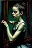 Placeholder: a beautiful ballerina, in a studio, Infront of a mirror, side profile with eyes looking slightly Down, her reflection in the mirror is however looking straight back at her and not looking down, scary, dark undertone, 12k, detailed painting, thick impasto and textures with rough brush strokes, chaos background with cracked paint, peeling off