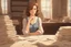 Placeholder: A pretty brown-haired woman sits in front of a table covered with handwritten letters, looking at them perplexedly, in an elegant room in the sunlight.