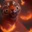 Placeholder: smooth hyper realistic, beautiful Japanese burning lava tiger battle with knight in crown, pale colors, dark cosmos background, extremely sharp detail, finely tuned detail, ultra high definition, 8 k, unreal engine 5, ultra sharp focus, accurate sword wings, positive smile, lot of details, fit within portrait, Ambiance winter, perfect composition, perfect hair, perfect hands, finger up gestures