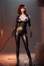 Placeholder: Christina Hendricks dressed in black leather catsuit, with a whip in her hand, inside a dungeon, busty, cleavage, angry, stern look, volumetric lighting, particales,highly detailed,cinematic, deep colours,8