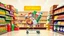 Placeholder: A design for a supermarket called (full market) filled with various fruit juices, chips, Fanta, Coca-Cola, and Sprite soft drinks, various chocolates, packaged cheeses, butter, and pasteurized milk, and a shopping cart filled with supermarket products in the center in happy, vibrant, and eye-catching colors.