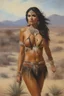 Placeholder: head to waist - native American Indian sports illustrated swimsuit model - Joan Collins - craggy desert wasteland background, 32k, UHD, Hyper-realistic oil painting by Gerald Brom