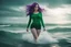 Placeholder: she stands in the ocean, wears only a green t-shirt, showing her alluring hips. Her violet hair framing her Scandinavian charm. she is Cthulhu' s messenger