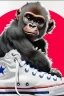 Placeholder: a profile picture of a small gorilla sitting in a p7rple Converse sneaker, like it's a car, comic style