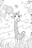 Placeholder: HAPPY NEW YEAR colouring page for kids,Giraffe reaches for starlit balloons, thick outline, low details, no shading, no colour