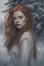 Placeholder: Vampire, eye candy Alexandra "Sasha" Aleksejevna Luss oil paiting style Artgerm Tim Burton, subject is a beautiful long ginger hair female in a snowy seascape in the ice