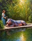 Placeholder: Oil painting inspired by the style of Maxfield Parrish. A hippo, draped in voluminous, flowing robes, relaxes peacefully by a reflective pool surrounded by lush greenery and soft, golden light. She gazes contentedly at her surroundings, with a calm, serene expression. A companion holds a cluster of grapes, enhancing the tranquil and luxurious setting. The scene has a dreamlike, painterly quality with warm, harmonious colors and intricate textures in the landscape and robes.