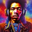 Placeholder: a realistic picture of Jimi Hendrix at a turntable with headphones on being a DJ, vivid color, with sunglasses, psychedelic trippy art, with UFOs in the background