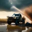 Placeholder: stylized hyperrealistic shot, muddy aggressive military toy truck, monotone color palette, sharp focus, puddle reflection, tire water splash, refraction, mist on the horizon, sunset, rocks background, detailed and intricate, cinematic composition, micro, tilt shift photography, unreal engine 5, octane render, 8k