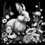 Placeholder: colorless rabbit between seeds and big flowers black background .black and white colors. for a coloring. with grayscale