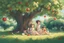 Placeholder: under an apple tree in summer. like studio ghibli