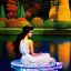 Placeholder: hyperdetailed oil on canvas, young Georgina Chapman by a temple fountain, beautiful, detailed face, long dark hair, surrounded by luminous colorful sparkles, airbrush, depth of field, Octane Render, by Gaspar Camps, Maxfield Parrish, Alphonse Mucha, Cyril Rolando, volumetric lighting, dusk, 16k