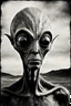 Placeholder: Black and white high brow photograph of a grey alien, film analog, dust overlay, eerie, high strangeness, surrealistic old photograph, mysterious,