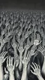 Placeholder: a field of thousands of hands of bodies buried in the ground not visible, horror, hands with different fingers shapes Busch painting style nightmare and thin line draw