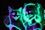 Placeholder: black background, outlines of a holographic happy girl with a cat drawn from thin neon-coloured glowing lines