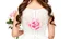 Placeholder: Back bust of a bride in a white wedding dress with a bouquet of pink roses on a white background