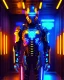 Placeholder: cinematic colors Length picture full body of Futuristic sci fi of a mechanized cyborg police SWAT .high key lighting, 3d bas relief, front view clock, glowing neon nixie eye, wire whiskers cyborg high contrast colors,standing pose hold weaponry,futuristic shoes,laboratory digital holograms and weapons storage room background