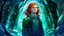 Placeholder: anime man with really long dark ginger red hair and sharp blue eyes and forest green sweater standing in a cave with glowing crystals surrounding him and ice crystals hanging from the roof of the cave the cave is narrow and deep very colorful