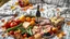 Placeholder: autumn picnic feast, there is a bottle of wine on the bedspread, fruits and vegetables, cheese and bread and butter, tomatoes, cucumbers, apples, oranges, mangoes, butter, blackcurrants, strawberries, sliced ham, hard-boiled-eggs, hyperdetalization, premium photos, version 6.1