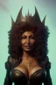 Placeholder: Pam Grier as evil queen in black leather, leather, busty, cleavage, angry, stern look. character design by cory loftis, fenghua zhong, ryohei hase, ismail inceoglu and ruan jia. unreal engine 5, artistic lighting, highly detailed, photorealistic, fantasy