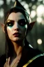 Placeholder: Cursed elf priestess with beautiful face, running makeup, yellow eyes, full black sclera, dark mist around her, black fur robes, pale skin, dark smoke, photorealism, octane render, frostbite, 8k, cinematic, 35mm