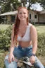 Placeholder: Sherrie Sue Engellant, a stacked, ((well-endowed:1.5)) 18-year-old girl with Long, auburn red-brown hair cornrow style, sea-green eyes, muscles, sitting in her front yard wearing a missing blouse, blue jeans, black converse sneakers, a sly, clever grin on her face, (plump, full, pouty lips) ,