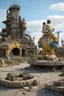 Placeholder: far in the future, a gigantic stature of a popular famous cartoon character sits among ruins of buildings. time has weathered the landscape for thousands of years. a small makeshift camp with people can be seen contrasting the massive statue.