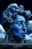 Placeholder: surrealis monochrome A fragmented, surreal sculpture liguid blue color of photorealistic image 3d,psychedelic art glossy emerging from devilish a crumbling walls of an old castle The face appear and intricate details, evoking a haunting expression. set against a backdrop of stormy, cloud-filled skies. bauhaus art The overall tone is dark blue and moody, suggesting themes of decay and transformation.
