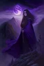 Placeholder: A beautiful witch, dressed in a dark purple cloak, with brown hair and hazel eyes, standing on a mountain peak with a forest behind her, under the full moon, wand out, casting a spell