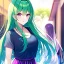 Placeholder: Clear focus, 8k, beautiful lighting, vibrant colors, girl, green hair, long hair, purple eyes, casual clothes,