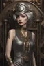 Placeholder: full body and headshot of a skinny Cleopatra, with a silver bob hairstyle, standing in a steampunk setting.