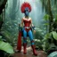 Placeholder: [humid jungle forest] Frida Kahlo by Ray Harryhausen as thin nudist blue female alien warrior with goggles red boots and corset with ray guns