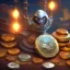 Placeholder: dynamic lighting, Intricately detailed, Splash screen art, deep color, Unreal Engine, volumetric lighting, silver coins, pile of coins, pirate treasure, stacked coins,