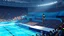 Placeholder: Create a detailed scene depicting a contemporary Olympic diving venue. The setting should include an audience of spectators watching the event, with a focus on a woman poised on the diving board, preparing to dive. Please include elements such as the design of the diving platform,