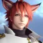 Placeholder: Final fantasy XIV, highly detailed, 8k octane, HDR, ultra detailed, best quality, highest, Detailed anime boy, miqote, crimson red hair, wolf ears protruding, orange ceyes, white trench coat, intricate details, Dark knight (final fantasy), full body portrait, keep head in frame, perfect face, symmetrical face, slight smile with a single fang exposed, black Japanese motif, concept art, highly detailed, digital painting, concept art, sharp focus, highly detailed colorful background illustration